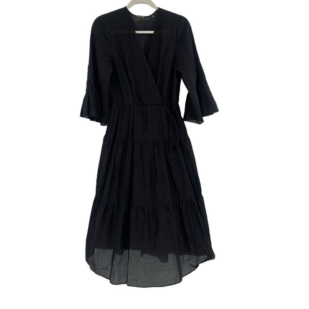 Kobi Halperin Size S Sasha Midi Dress Black V- Neck Bell Sleeve Beaded Unlined